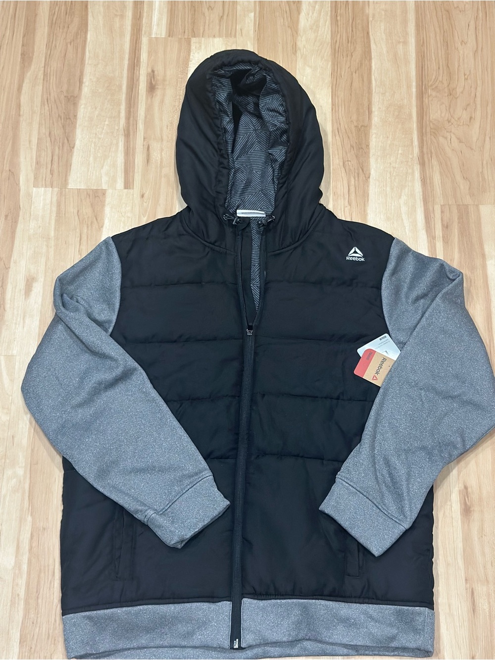Reebok Men’s Black Hooded Puffer Jacket with Gray Sleeves
